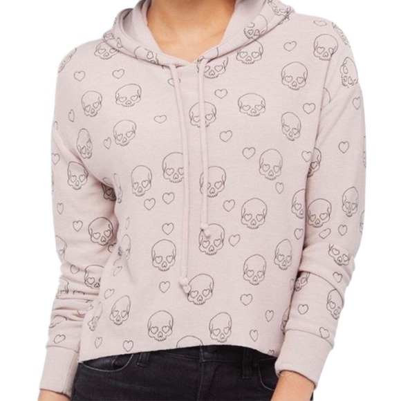 Chaser Light Pink Skull Heart Print Pullover Hoodie Sweatshirt Women’s Size XS - Picture 1 of 6